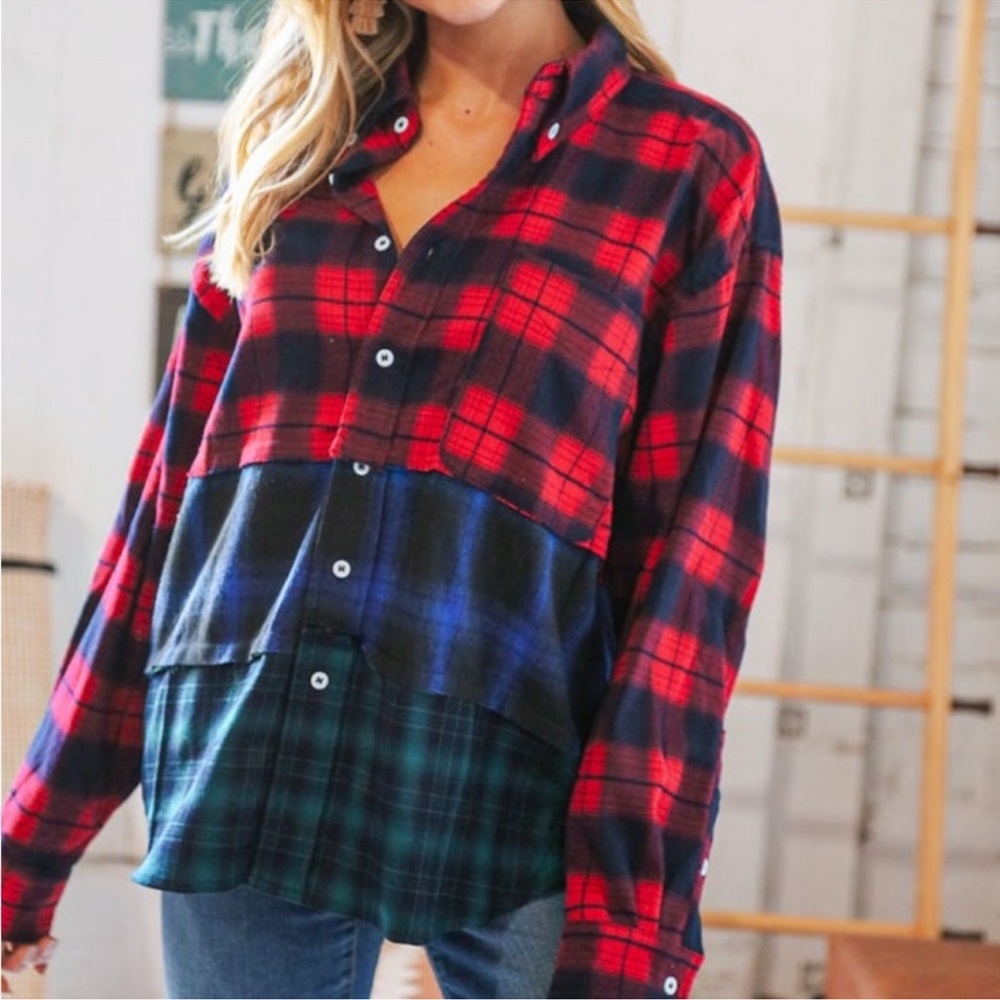 Sugarfox Plaid Color Block Button Down Shirt, Blue, Red, Green,Size M
